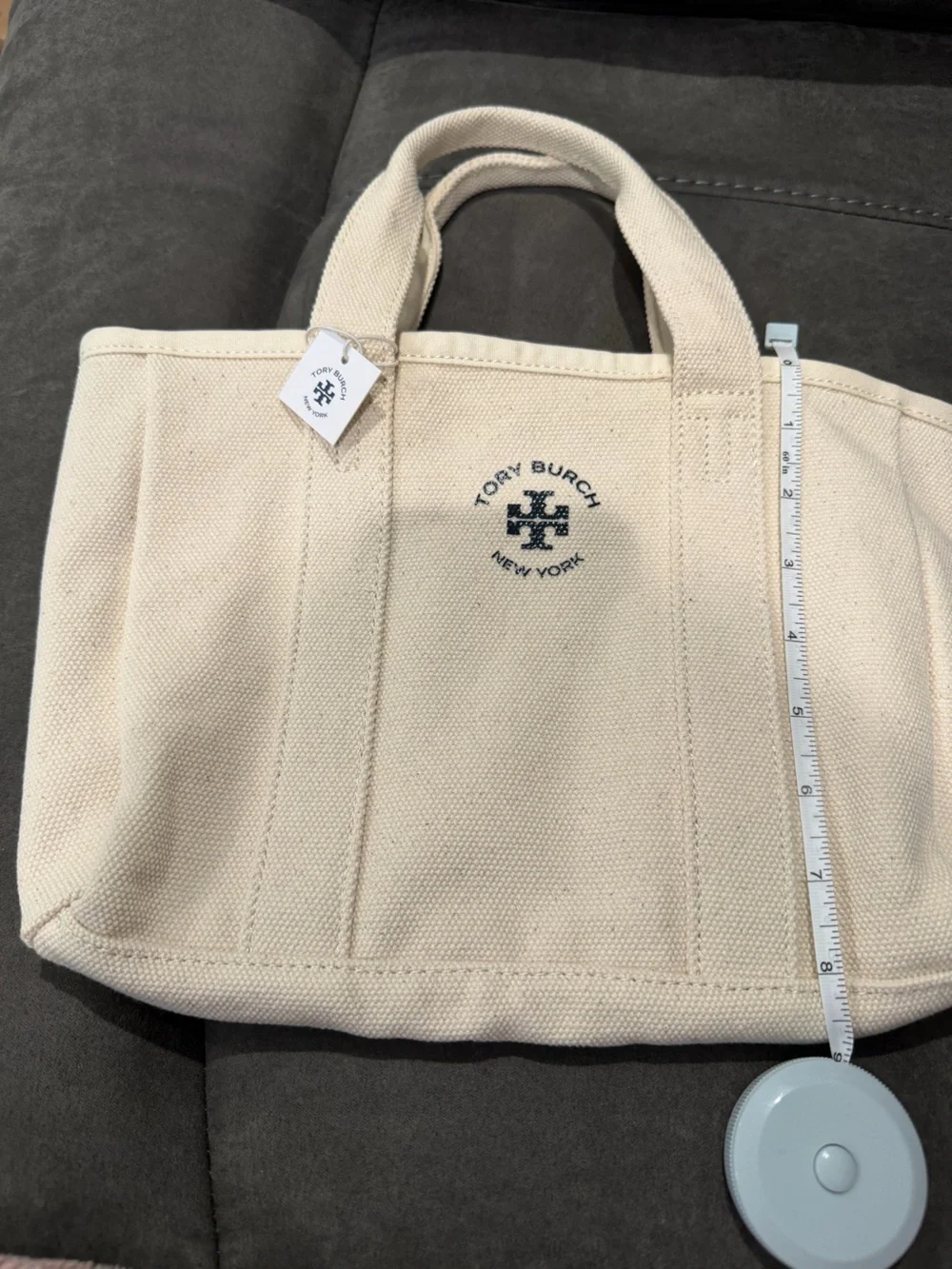 New Tory Burch Cream Canvas Duffel Tote with Navy Logo 12inch by 8inch